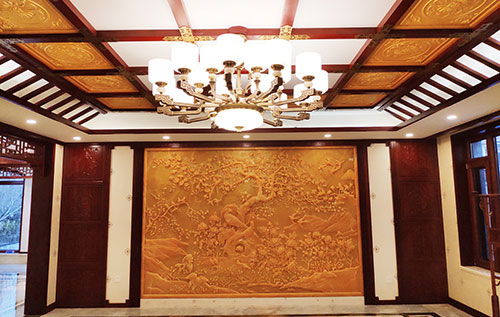 合川中式别墅客厅中式木作横梁吊顶装饰展示